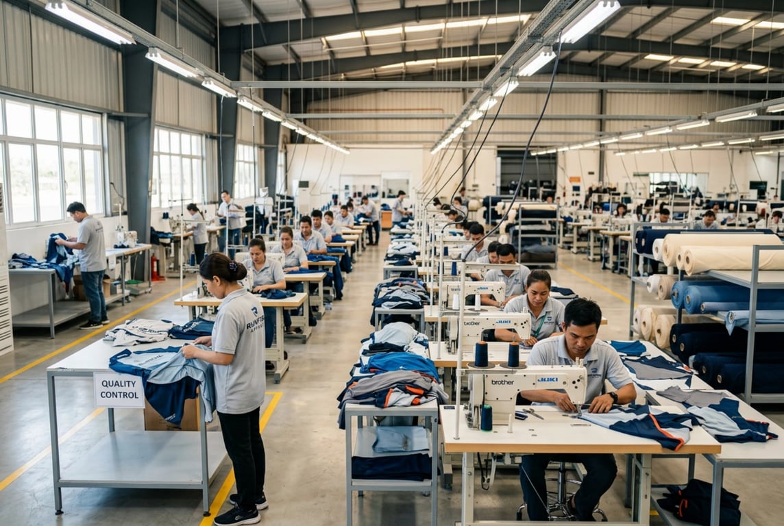 Runfish Apparel factory production floor with modern textile manufacturing equipment
