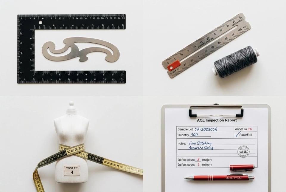 Top-down four-quadrant photo of engineer tools &mdash; pattern engineer ruler and curve, process engineer stitch gauge, fit engineer mannequin tape, QC engineer clipboard with AQL report