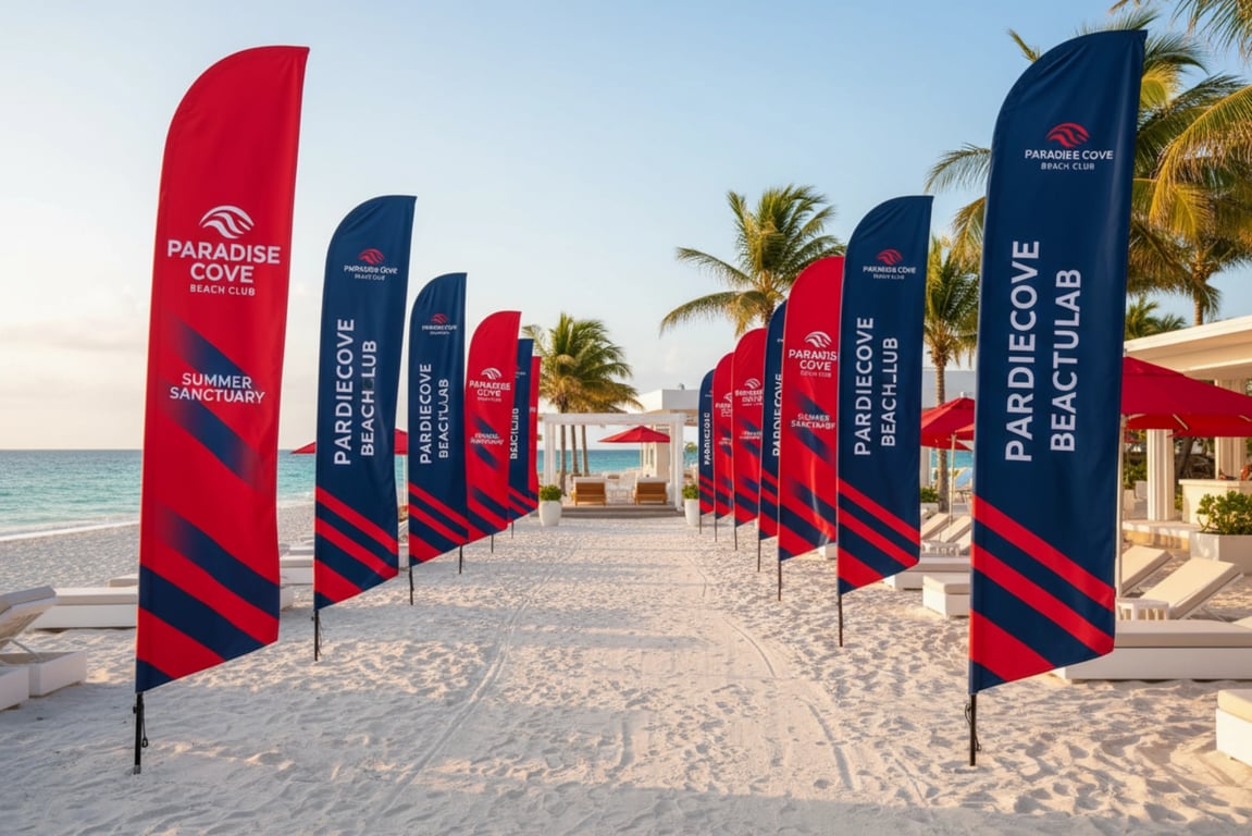 Rotating promotional beach flags with 17ft feather designs for street visibility, interchangeable sleeve system for daily specials, UV-resistant quick-dry fabric for beach club marketing, drives weekday traffic and walk-ins