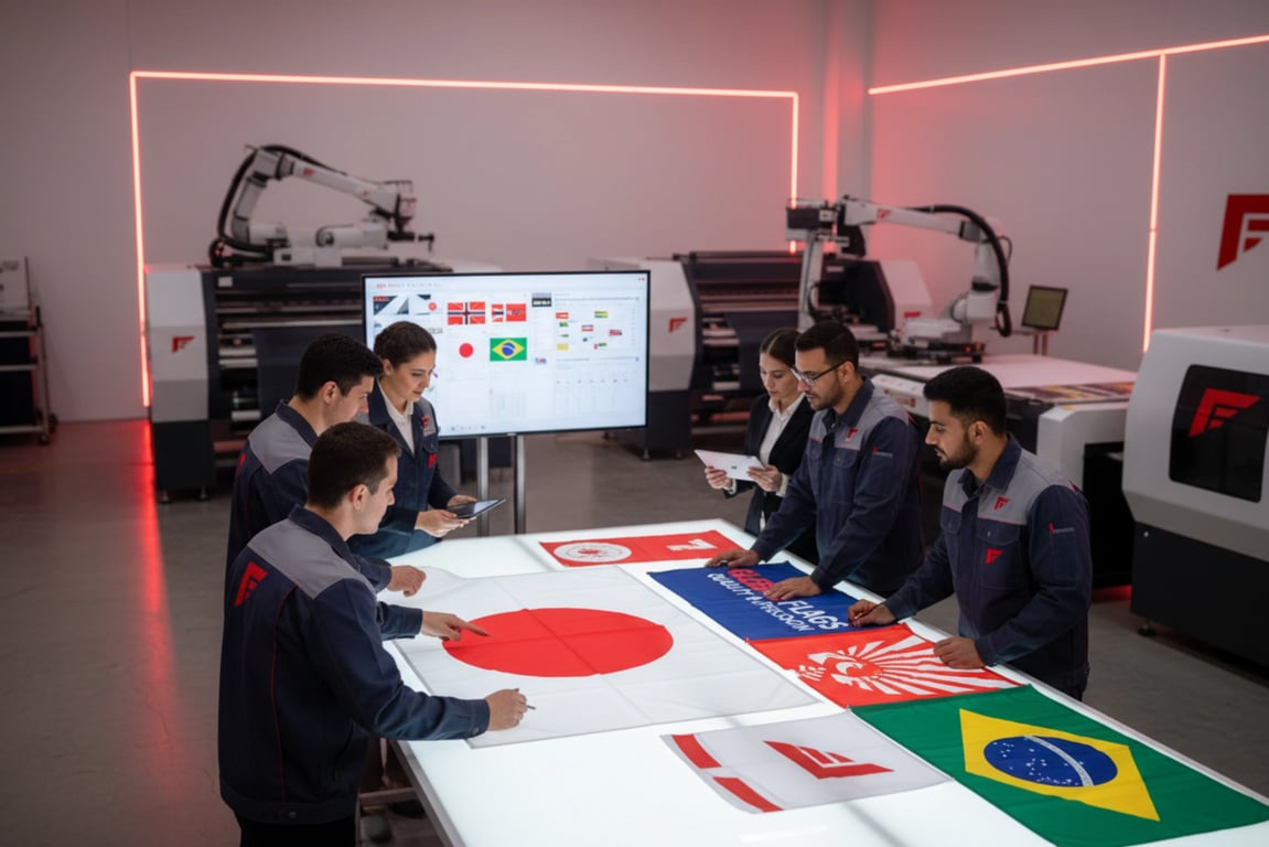 Professional flag manufacturing team working on custom flag production in ISO certified facility