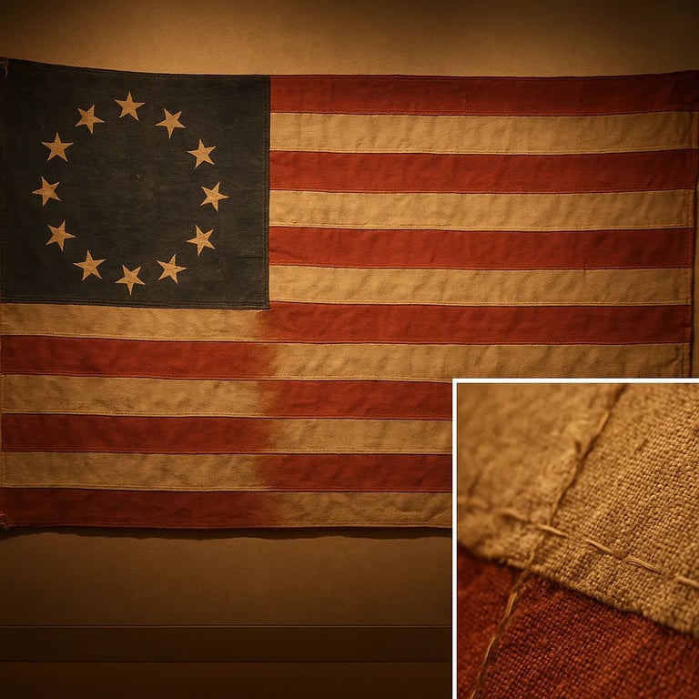 Historical reproduction of the 1777 Betsy Ross flag with 13 stars arranged in a circle on a blue canton