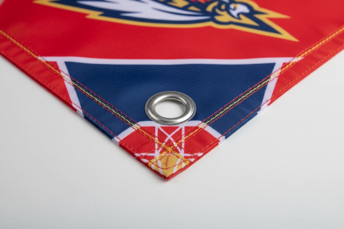 Championship celebration flag with custom vinyl corner patches offering premium durability and visual appeal for trophy presentations and victory parades with long-lasting colors