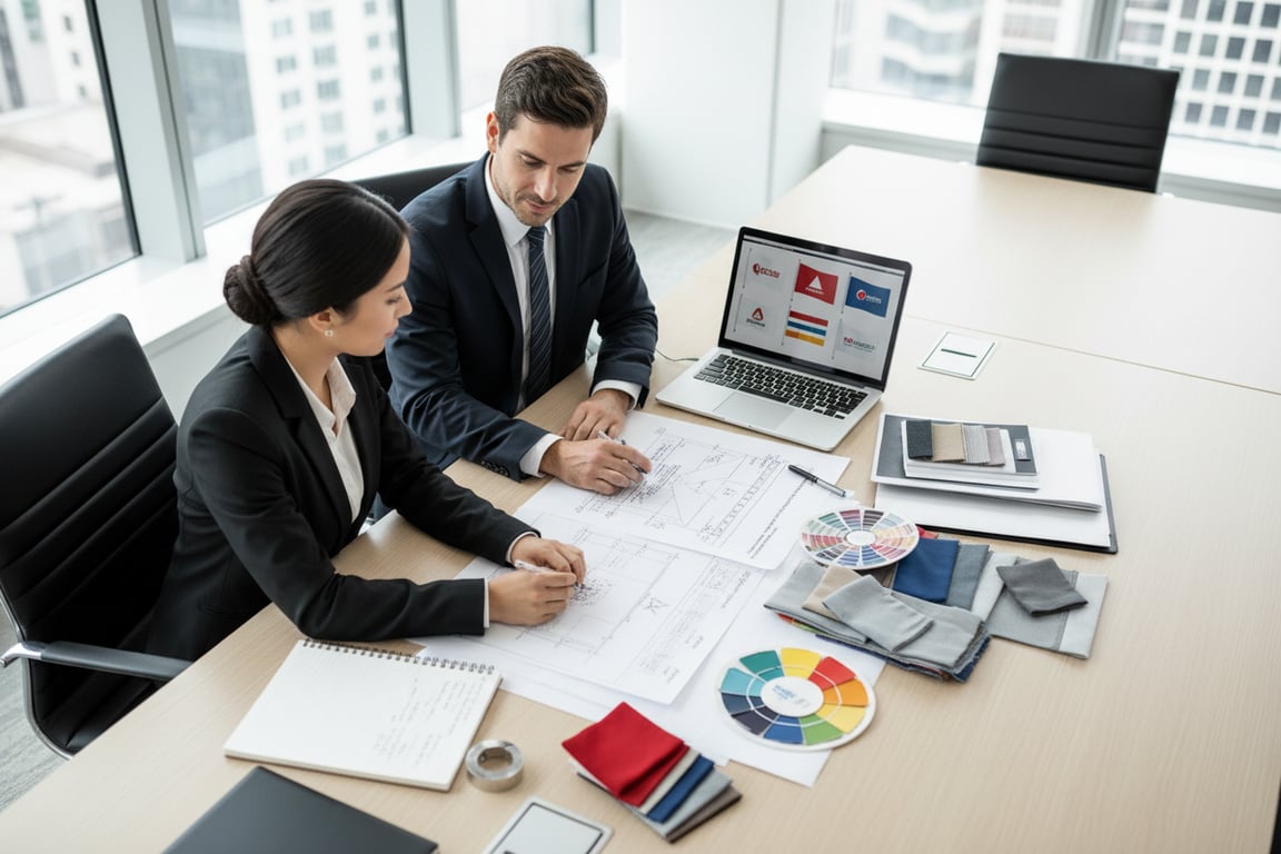 Flag requirement analysis process with technical specifications for bulk flag orders including material selection, printing method options, and finishing details