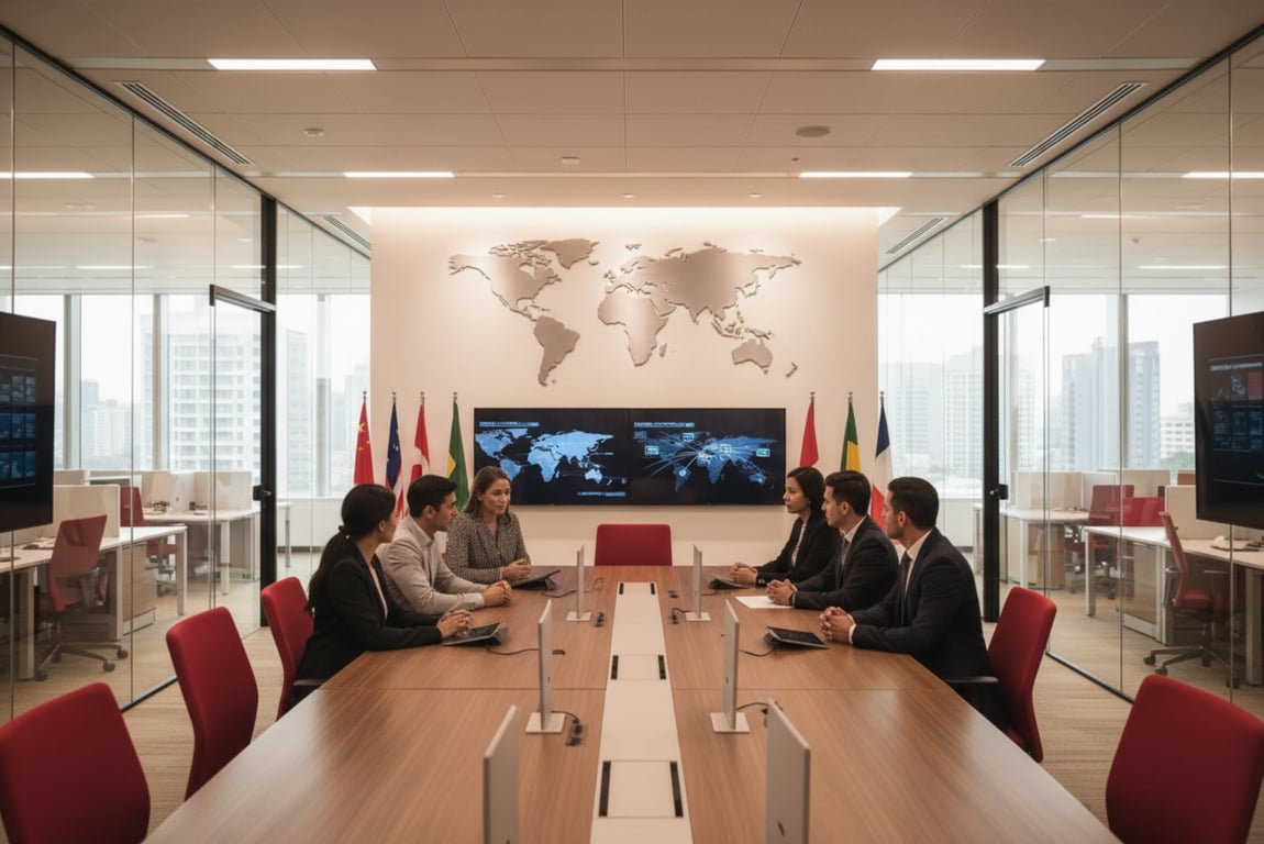 International office building flags - synchronized brand refresh flags for global corporation