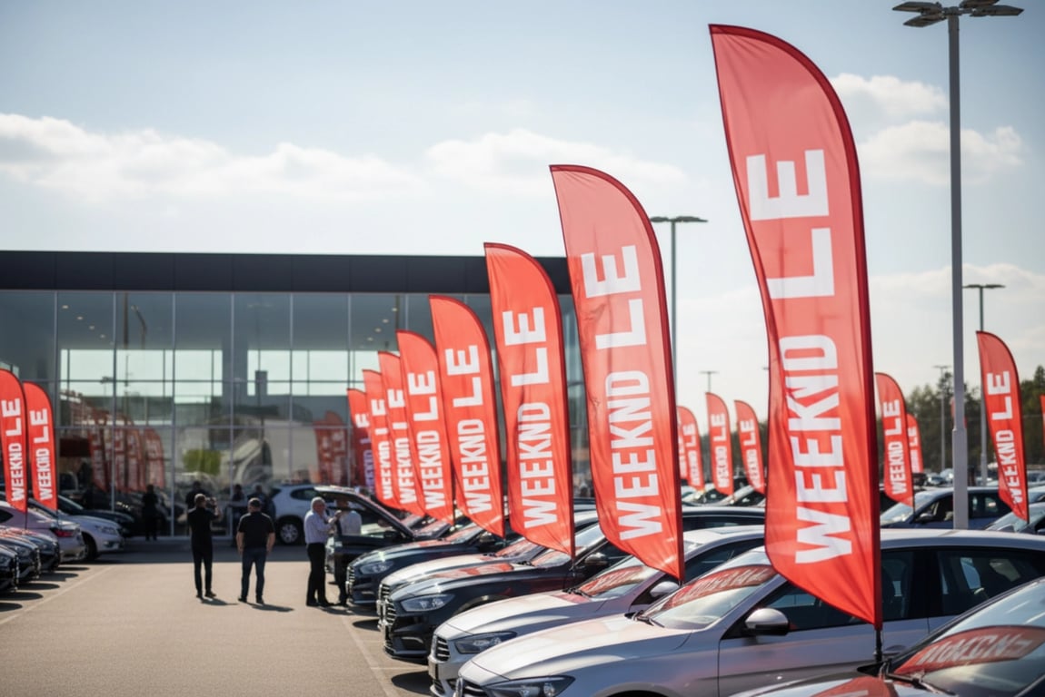 Auto dealership weekend sale event using large promotional flags increasing sales revenue by 28 percent