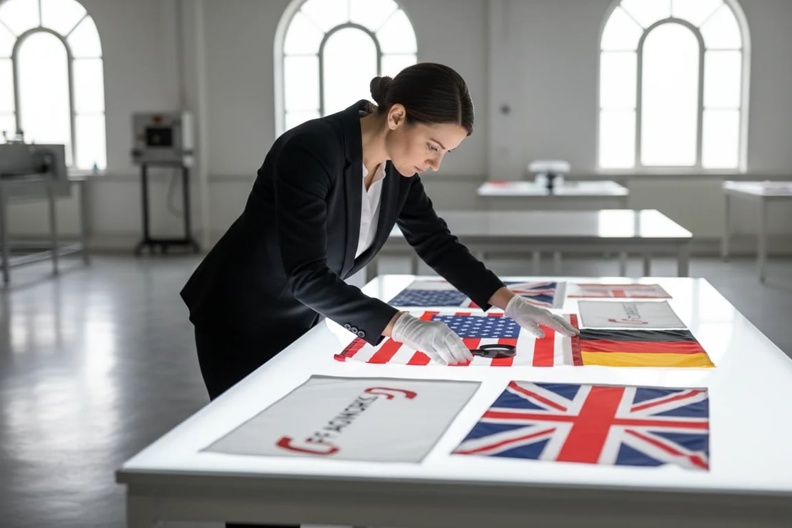 Physical flag sample approval - quality control ensures color accuracy before bulk production