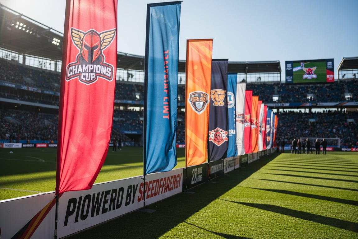 Custom trade show flags and exhibition booth banners - feather flags, teardrop flags, and rectangular display banners