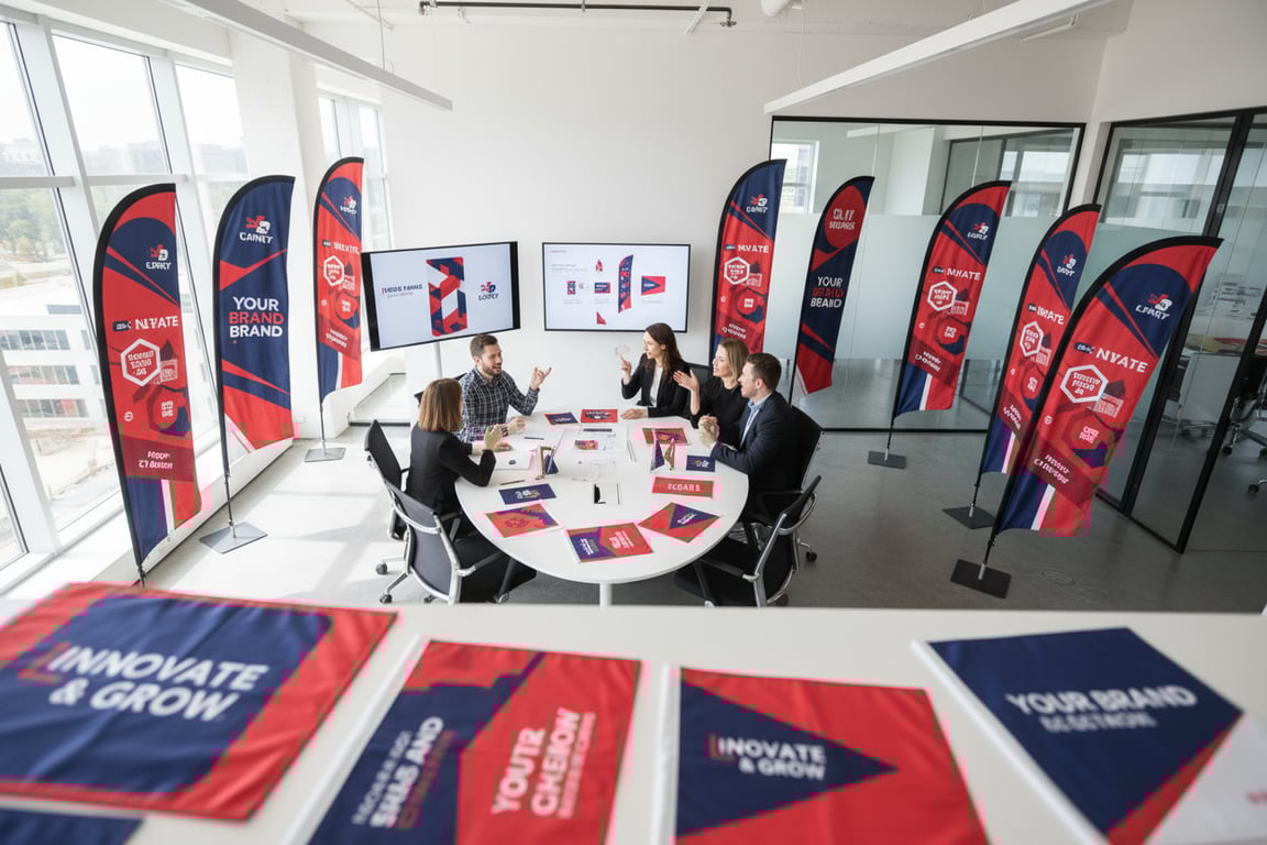 Advertising agency outdoor activation campaigns 12 different flag designs single production run digital printing no setup fees white-label packaging shared color calibration profile 7 clients 2000 plus flags quarterly orders