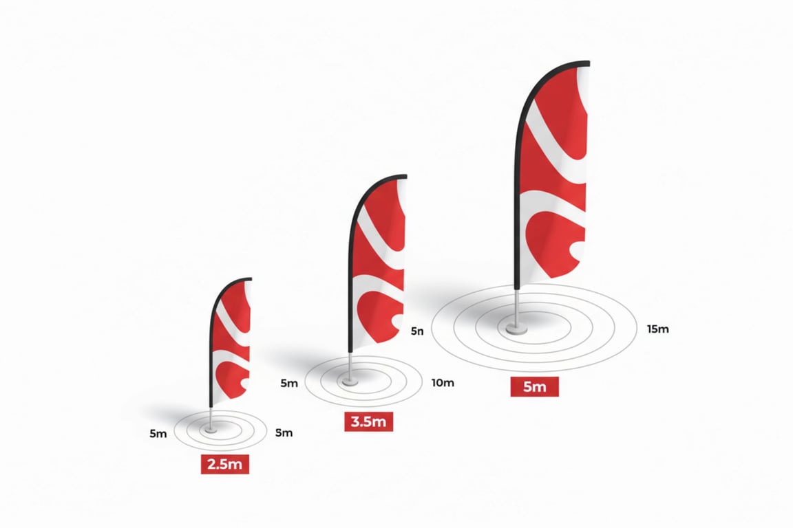 Visual size comparison chart showing 2.5m small, 3.5m medium, and 5m large custom teardrop flags with visibility ranges