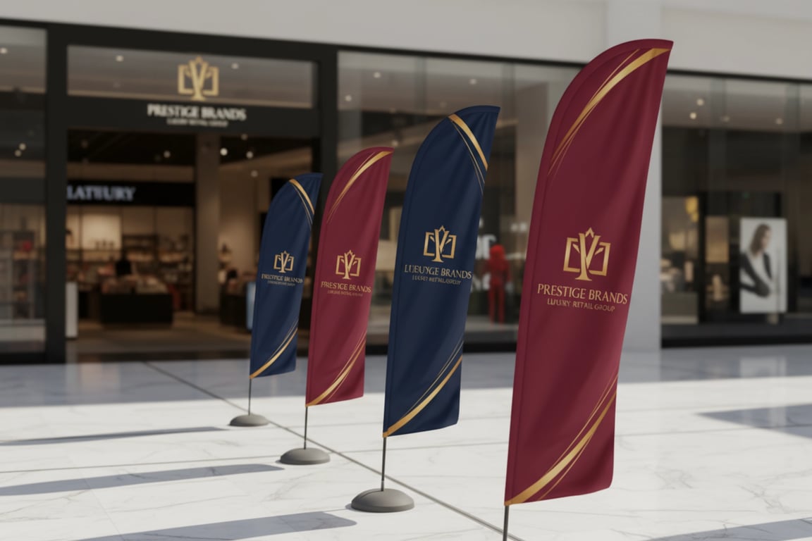 Retail storefront with promotional corporate flags and vehicle-mounted business branding flags providing cost-effective 24/7 advertising exposure generating measurable customer acquisition at $6.80 per customer vs $47 for traditional ads