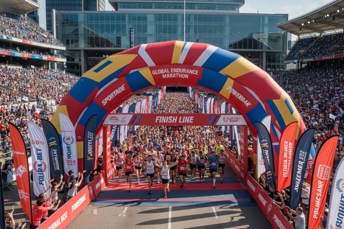 Finish line banner flags - large-scale event banners with sponsor branding for marathon events