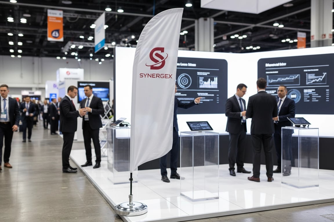 Cloud computing company trade show booth flag with QR code integration and animated design elements for tech conference lead capture, 8ft single-sided digital print