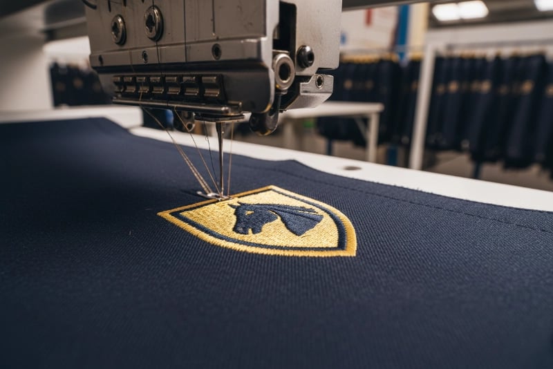 Premium embroidery machine creating logo with professional stitch optimization
