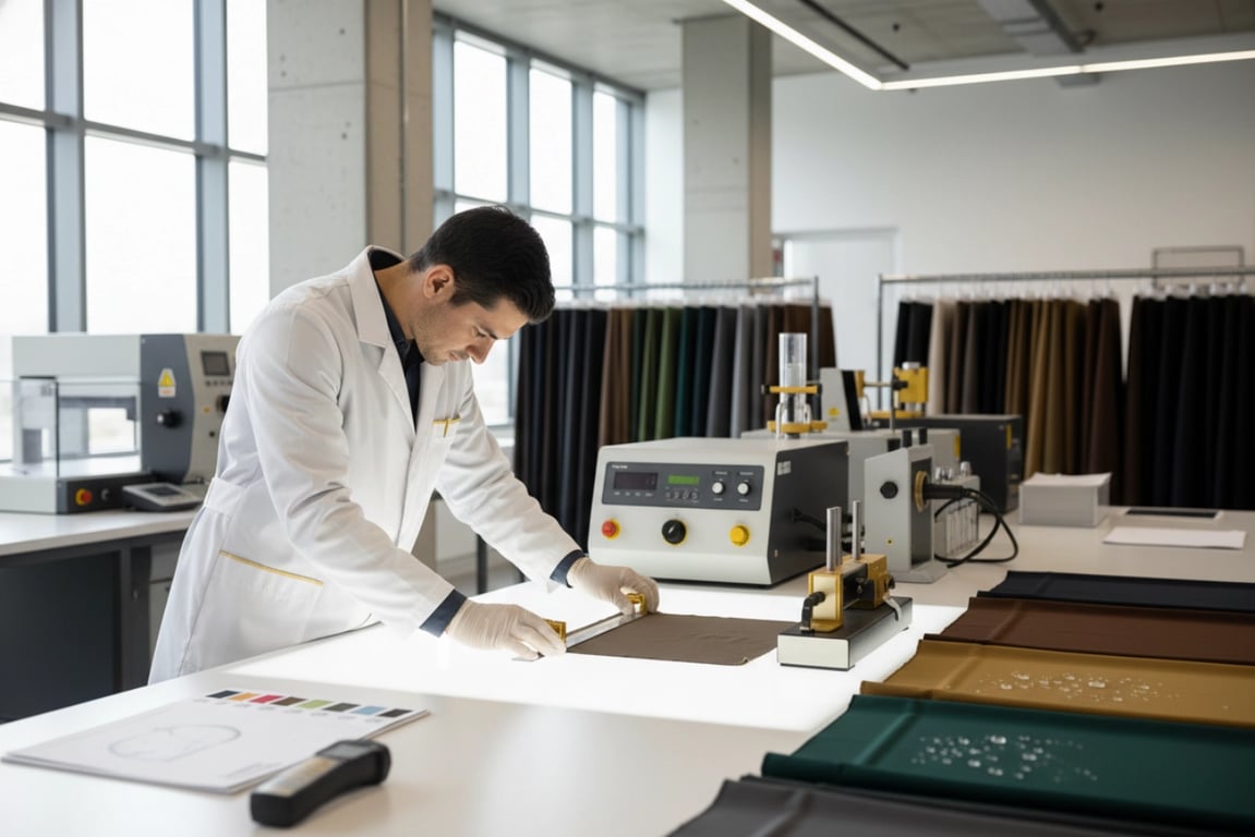 Fabric testing laboratory for equestrian apparel with 4-way stretch and moisture-wicking materials