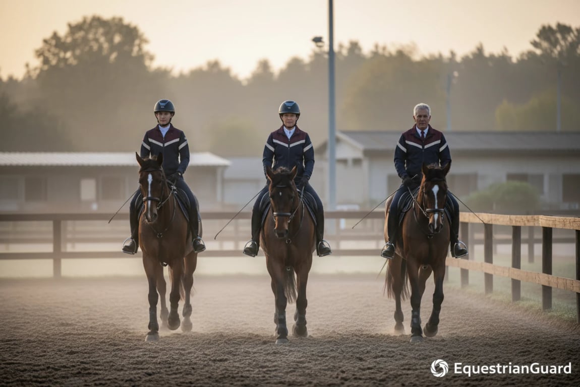 Equestrian team wear with safety reflective strips for low light riding