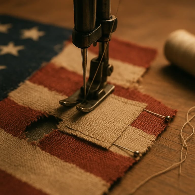 Sewing machine stitching a backing fabric patch onto a torn flag with pins holding the repair in place