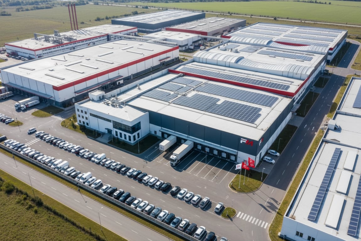 Aerial view of 20,000㎡ flag manufacturing facility with production zones and warehouse