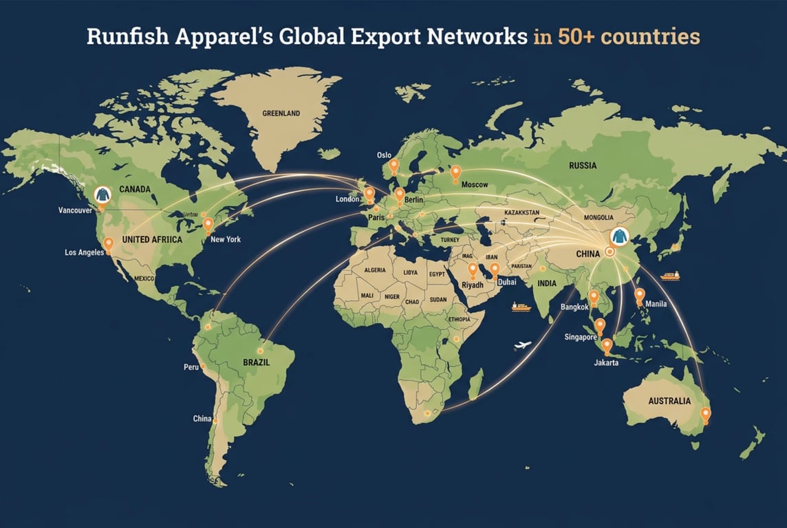 Runfish Apparel global export map covering 50+ countries