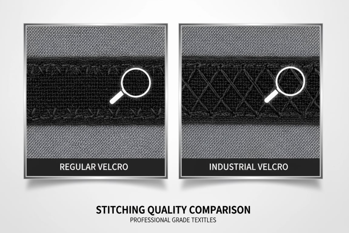 Comparison of standard velcro vs heavy duty flag velcro showing superior stitching quality and hook and loop fastener density