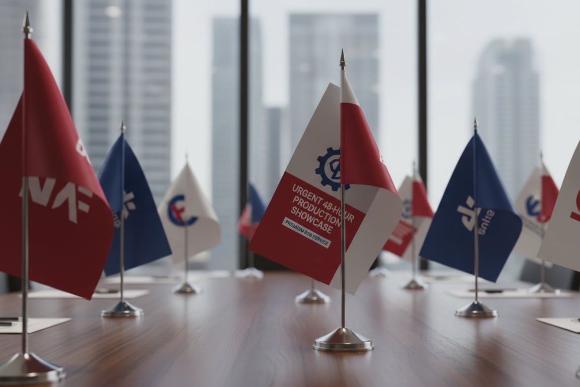 Custom desk flags B2B for corporate event - 48-hour rush production for Fortune 500 company