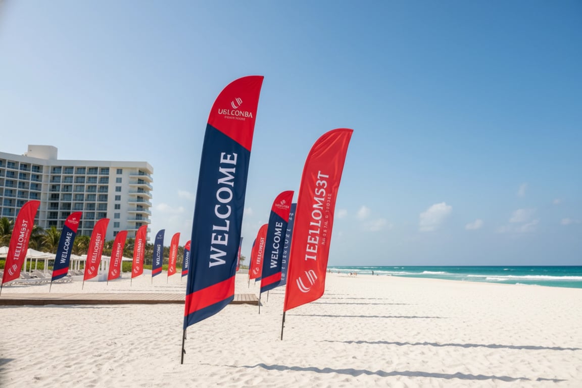 Premium teardrop resort flags for beachfront hotel branding with 11ft height, marine-grade UV protection, salt-resistant hardware, property boundary marking and wayfinding for luxury coastal resorts