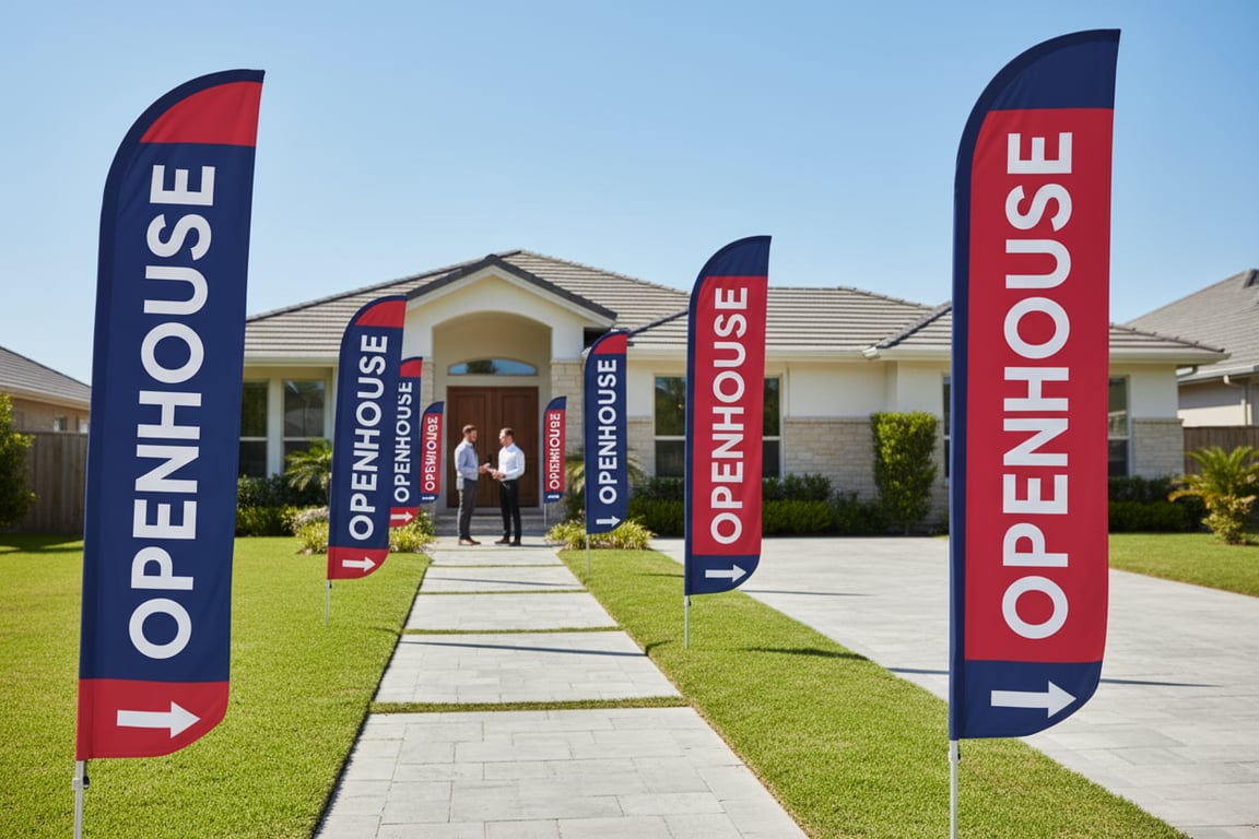 Professional real estate open house promotional flags with OPEN HOUSE messaging and custom agent branding, premium satin finish fabric with metallic foil printing for luxury properties, portable cross bases indoor outdoor use