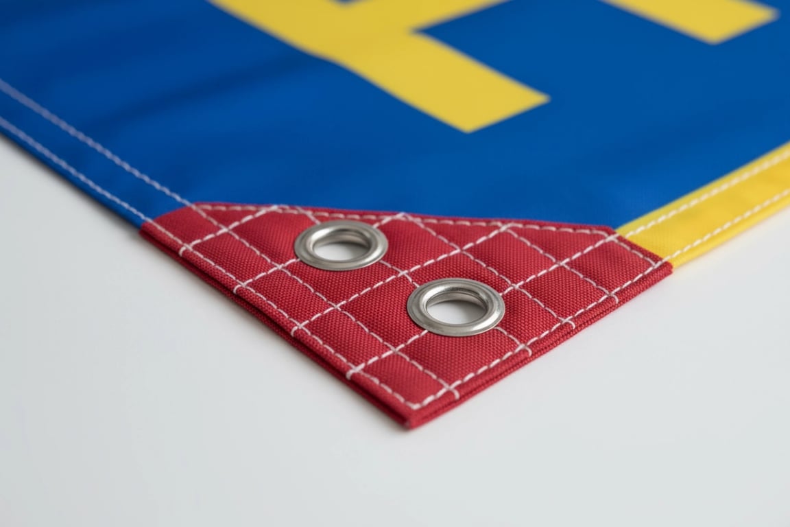 Event banner flag with canvas square corner patches offering premium aesthetic appeal and heavy-duty protection for trade shows, exhibitions, and promotional events with brand visibility