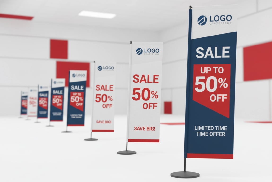 Retail sale banner flags - synchronized nationwide campaign flags with 99.7% on-time delivery