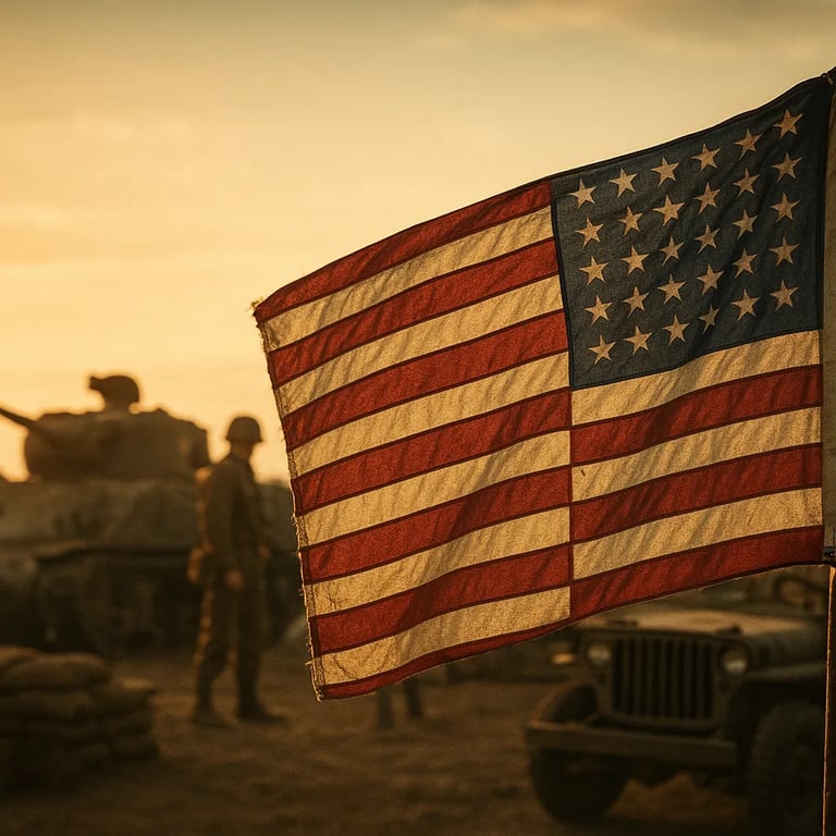 The 48-star American flag displayed in a World War II era military setting