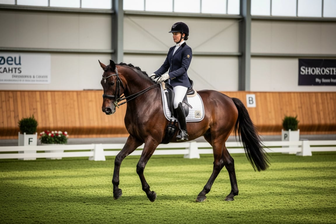 Professional equestrian competition rider in FEI-compliant show jacket during competition