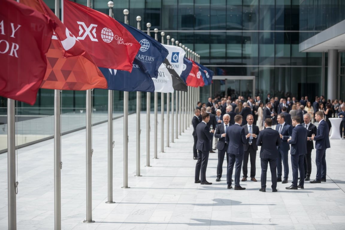 Corporate event conference with custom ceremony flags creating immersive branded atmosphere along entrance archways and stage backdrop increasing attendee emotional connection and social media sharing by 28 percent
