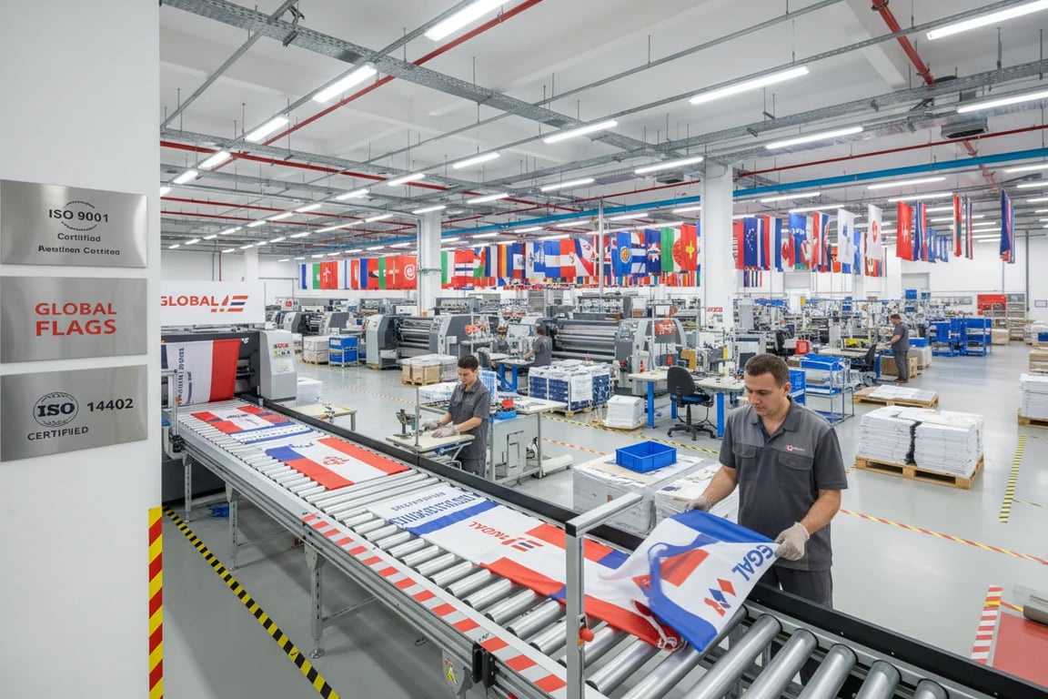 Flag manufacturing factory overview - 20,000 sqm facility with 200+ skilled workers and modern equipment