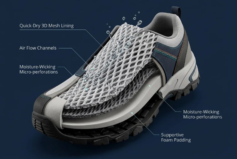 Quick-dry 3D Mesh Lining for Performance Fishing Shoes