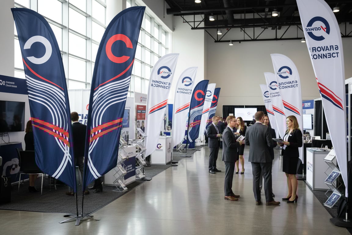 Corporate tech conference with 200 custom 13ft teardrop promotional flags gradient-fade design brand logos outdoor event 5000 attendees reinforced stitching 30mph wind resistance ground spike bases