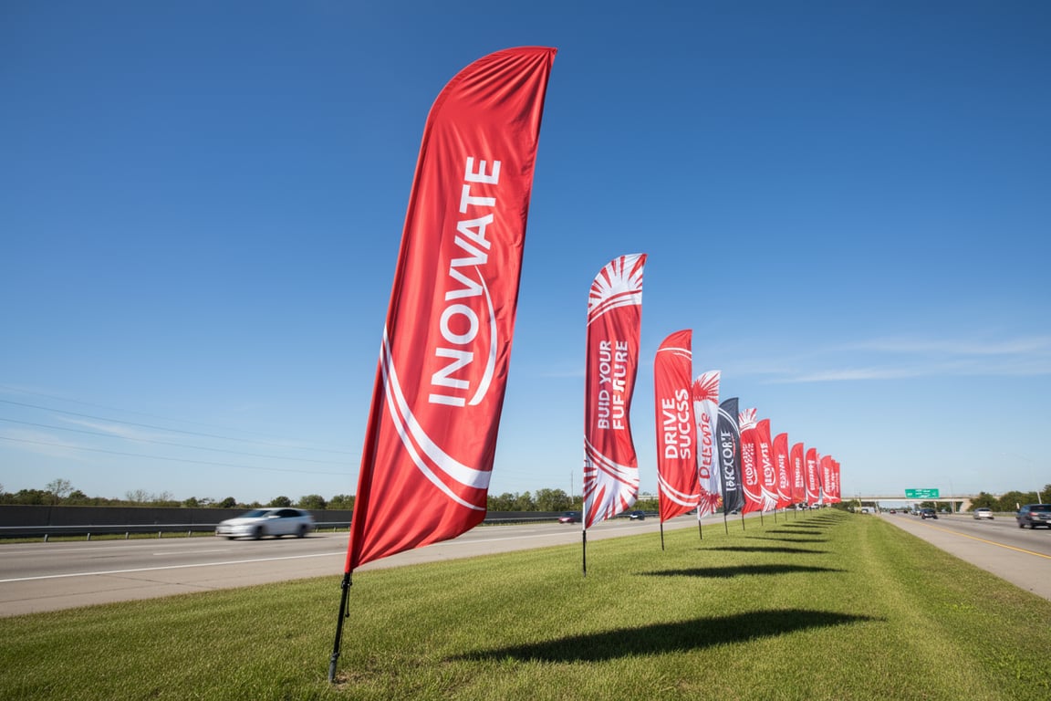 Extra-tall 13-17ft roadside highway advertising teardrop and feather flags with high-contrast bold designs readable at 55mph, heavy-duty reinforced stitching withstands wind turbulence, ground spike bases