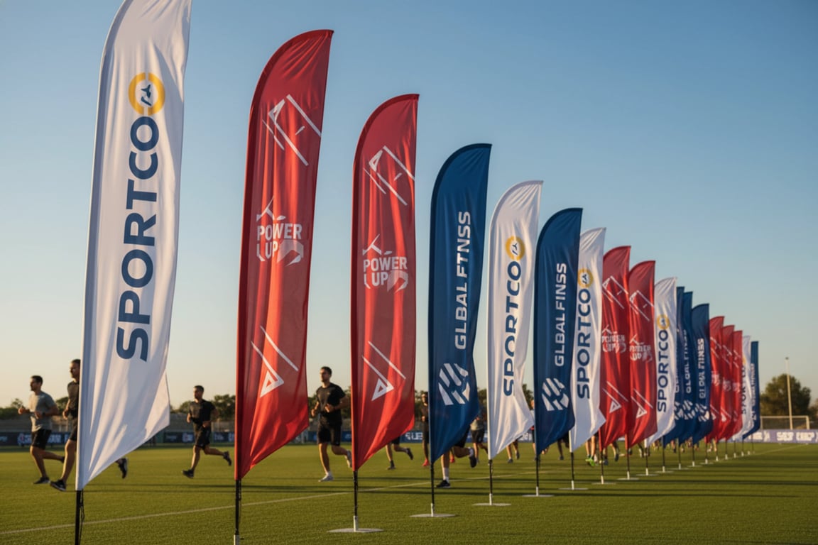 Outdoor marathon route marking flags with 8-11ft rectangle and teardrop designs, double-sided printing, mile markers and water station visibility, wind-resistant for coastal race courses and sporting events