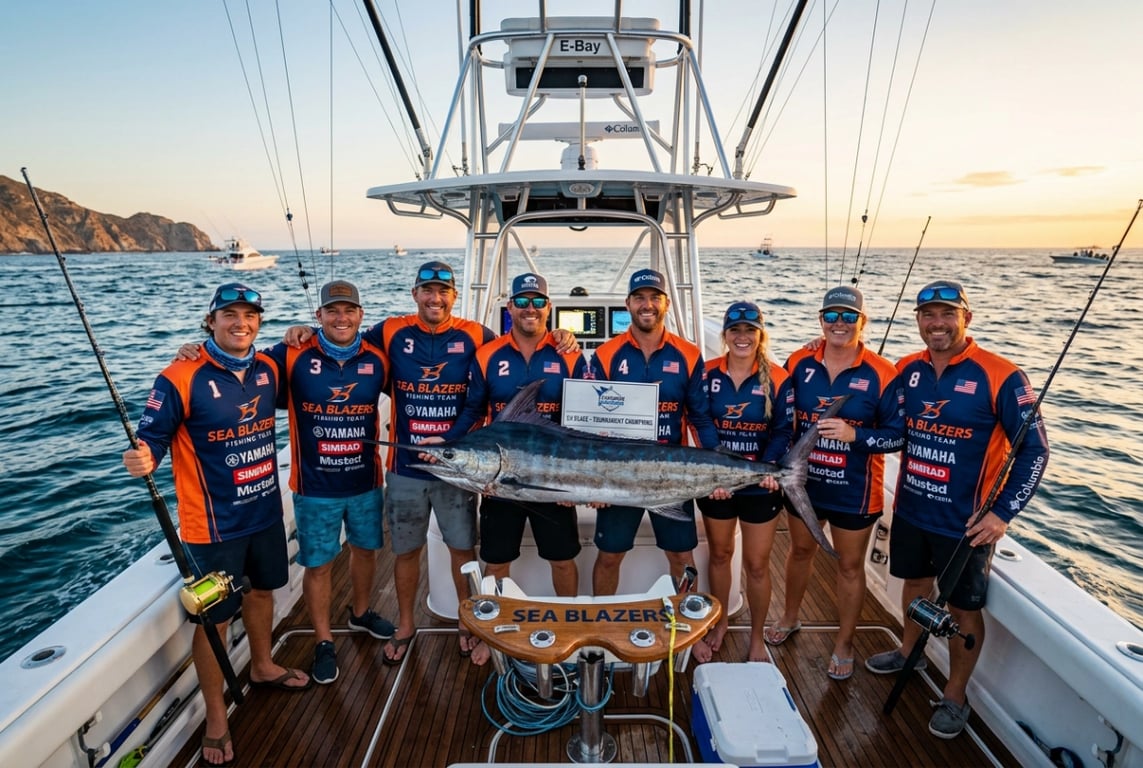 Fishing tournament team wearing custom competition jerseys