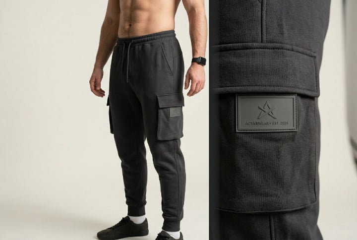 Cargo jogger in charcoal with rubber patch logo on side pocket
