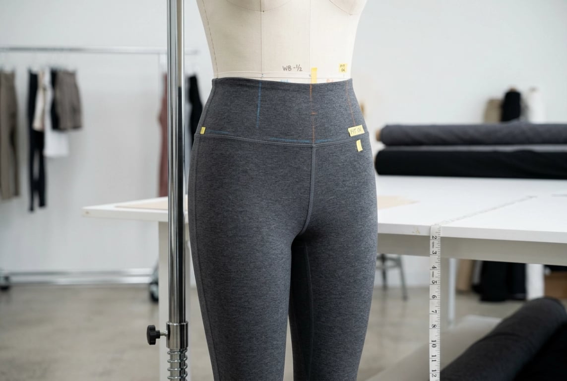 Stage 3 D7 first-piece fit-sample on a neutral fitting mannequin showing waist and inseam fit