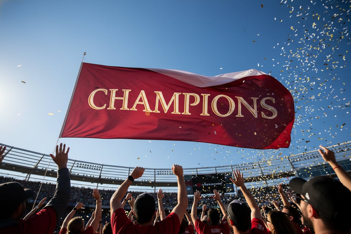 Large championship banners and trophy ceremony banners for sports league winners and tournament champions