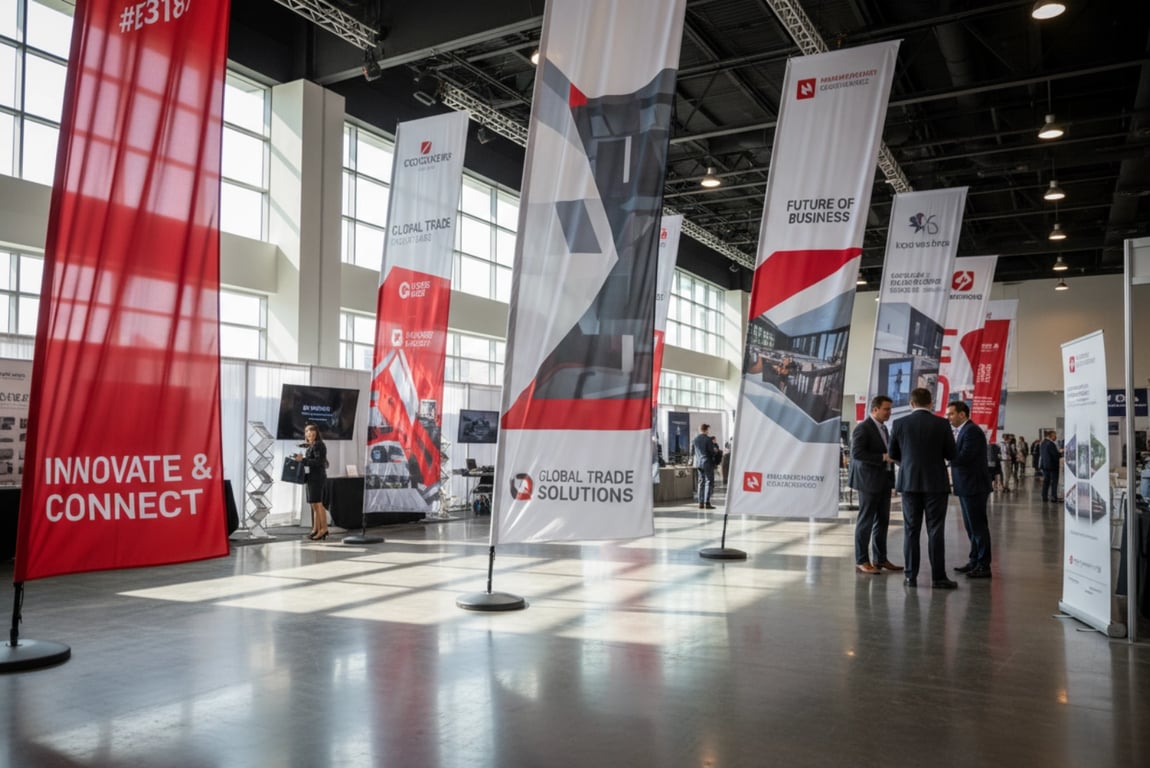 Convention center promotional banners - branded flags for multi-exhibitor trade show events