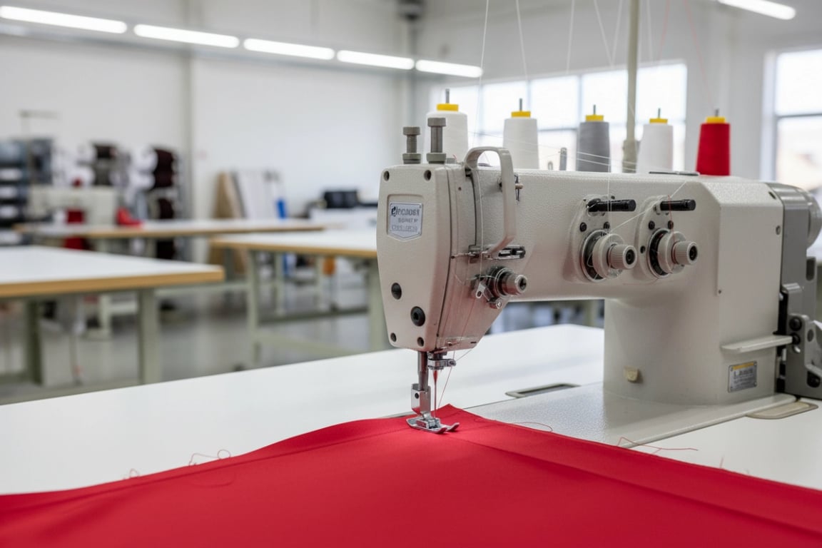 Industrial-grade JUKI sewing machines for durable flag hemming and reinforced stitching