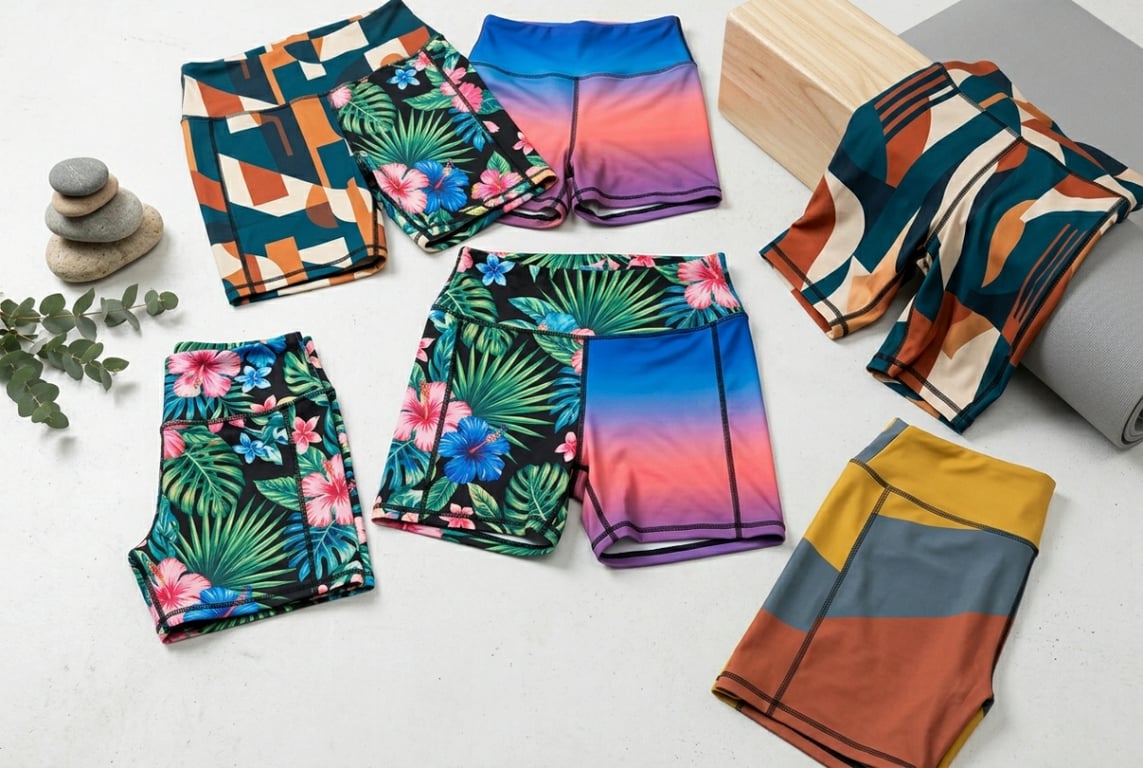 Yoga shorts all-over print finishing