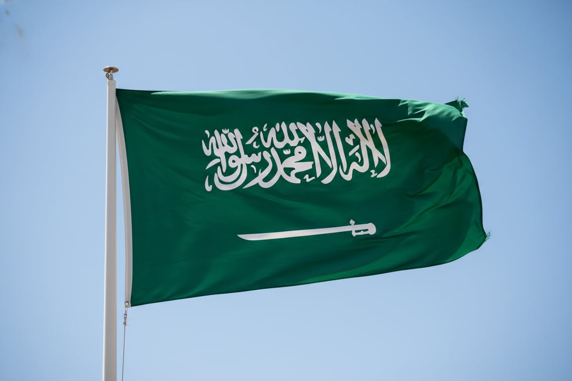 Custom Saudi Arabia national flag with Shahada and sword - official green Pantone