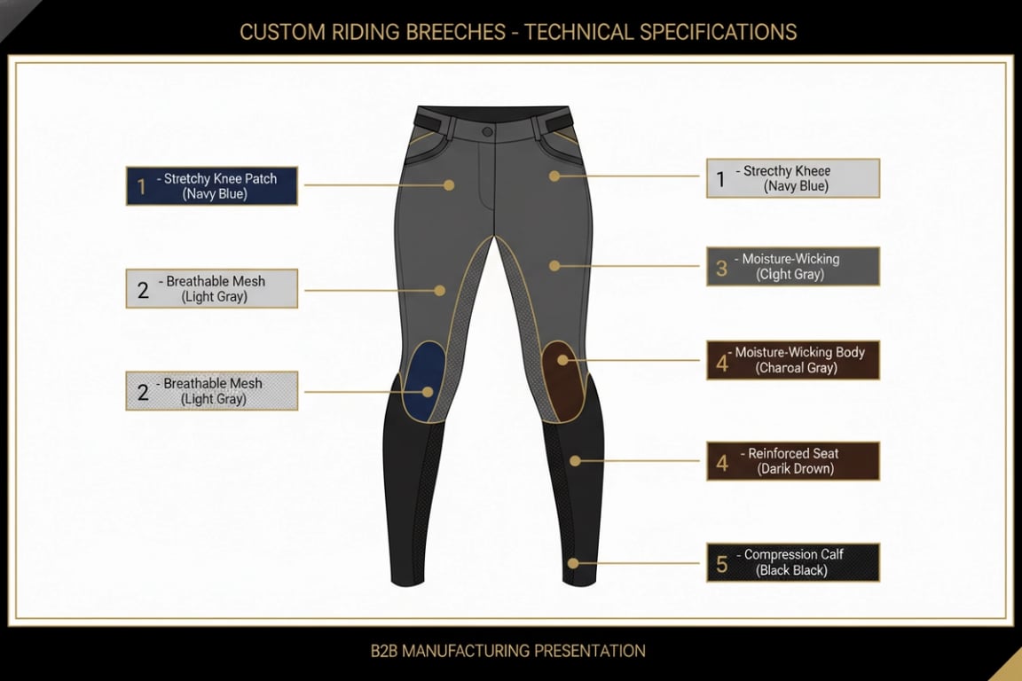 Multi-fabric zoning diagram for custom riding breeches showing 5 different fabric zones