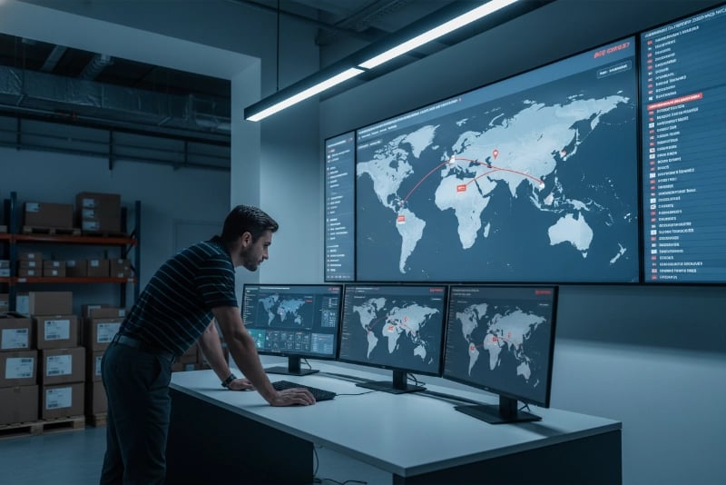 Logistics tracking dashboard showing real-time shipment status updates for custom flag orders with estimated delivery dates and milestones