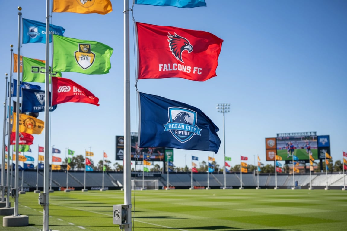 Telescopic flag poles for international marathon event, 200 portable poles with quick-deploy system, 2-hour installation by 4-person crew, zero failures during thunderstorm, used for 42km route marking