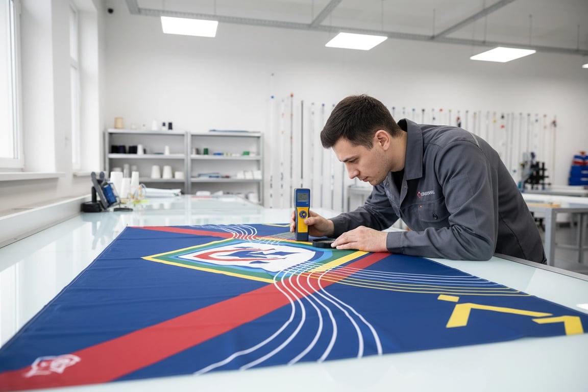 Flag sample production process in factory showing dye sublimation printing equipment creating pre-production samples for bulk order approval