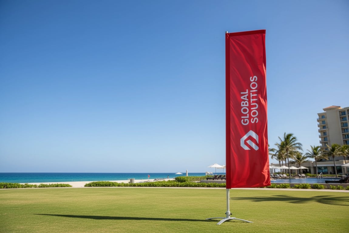 Heavy-duty rectangle outdoor flags with 300D polyester, reinforced double-stitched edges, full-bleed printing for events and hotels, permanent outdoor use, waterproof and UV-resistant, 5x8ft to 6x10ft sizes