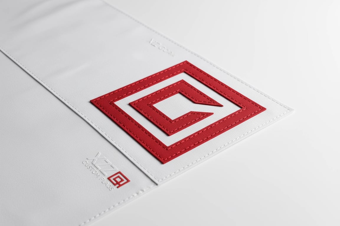 Logo-shaped custom flag corner patch fully customized to match brand logo outline with no minimum order quantity for unique promotional flags and specialty marketing materials